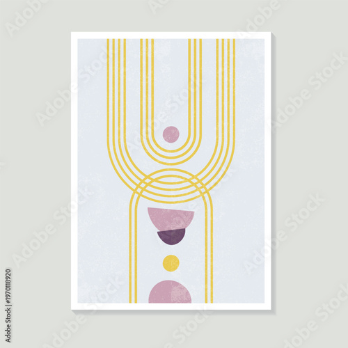 A minimalist geometric abstract design with circles and lines in pastel tones - perfect for contemporary interior design.
