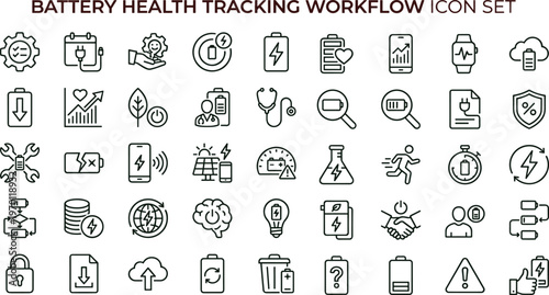 Battery health tracking workflow outline icon set featuring monitoring diagnostics performance analytics symbols for energy apps websites dashboards presentations interface design