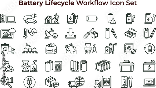 Battery lifecycle workflow outline icon set featuring energy storage recycling production logistics symbols for dashboards apps websites presentations interface design