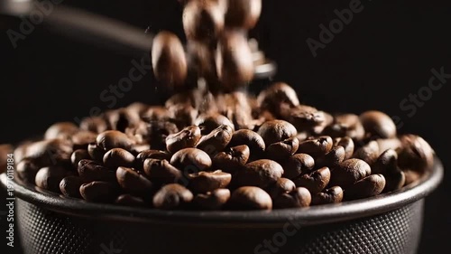 Coffee beans falling from spoon into bowl on dark background  
