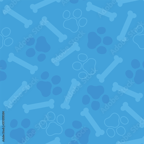 Seamless Blue Paw Print and Dog Bone Pattern