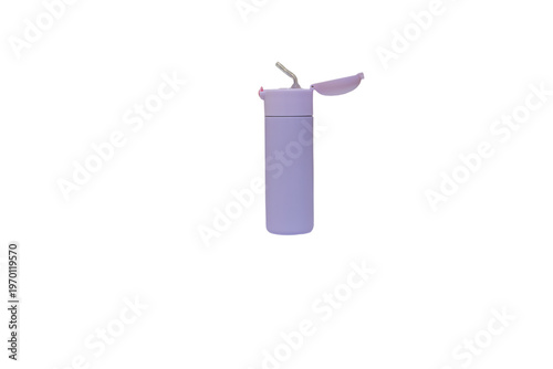 Purple reusable water bottle with straw isolated on white background, baby bottle or thermos isolated on white background