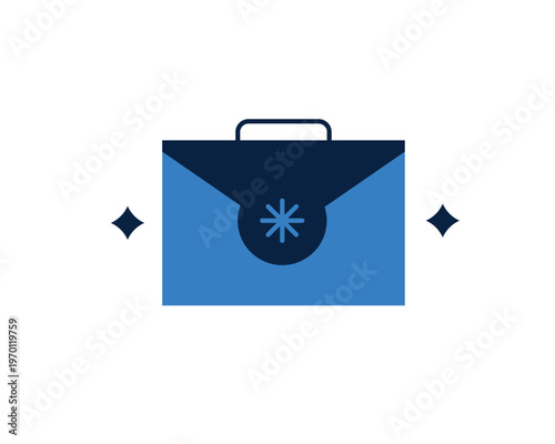 Blue business briefcase with a star emblem and decorative sparkles.