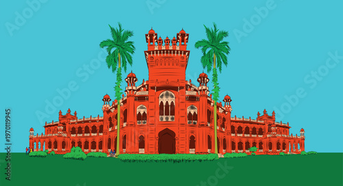 Historical Curzon Hall of Dhaka University vector illustration. Iconic red brick colonial architecture for Bangladesh tourism, education, and heritage projects. Editable EPS file. Historical Architect