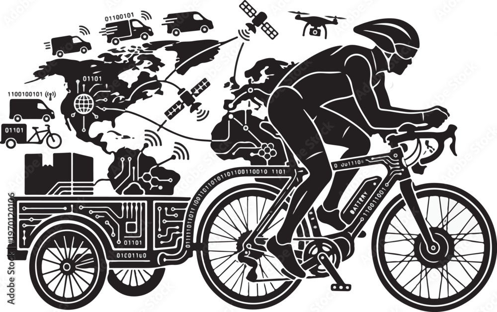 Obraz premium Global Logistics Network Bicycle Traversing World Map Silhouette