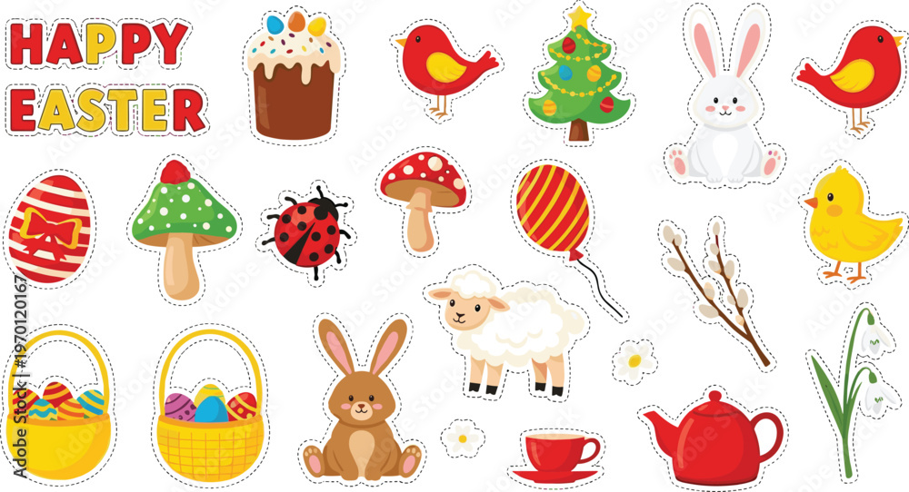 Fototapeta premium Happy Easter Sticker Collection with Bunny Chick Lamb Eggs Basket Mushroom and Spring Elements Colorful Cartoon Illustration Set