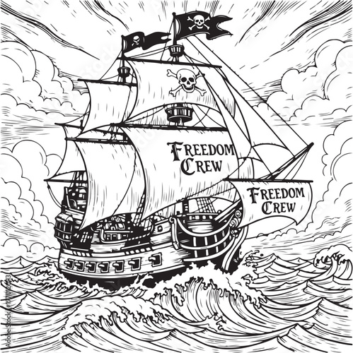 The historic freedom crew ship sailing through turbulent waters in a vintage illustration hand drawing illustration vector