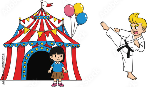 Circus tent with balloons and cute girl with karate boy performing martial arts kick cartoon vector illustration set