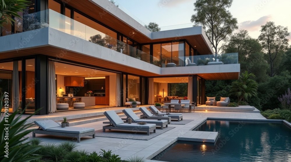 Fototapeta premium A modern luxury villa with a pool and outdoor lounge area at dusk, showcasing contemporary architecture and serene ambiance.