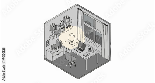 Isometric Cozy Home Office Illustration with Laptop, Desk Lamp, and Rainy Window View - Minimalist Line Art Vector