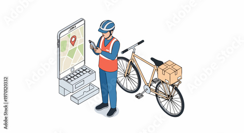 Isometric Delivery Courier with Bicycle and Smartphone App Navigation for Online Logistics and Shipping Concept