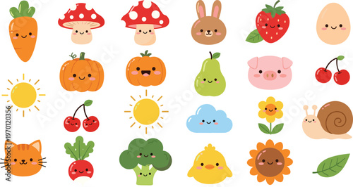 Cute Kawaii Nature and Food Characters Collection with Fruits Vegetables Animals Sun and Flowers Cartoon Illustration Set