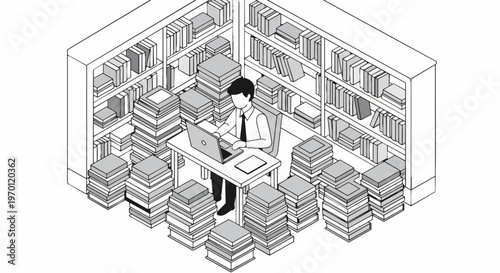 Isometric Businessman Working on Laptop Surrounded by Stacks of Books and Library Shelves, Information Overload and Research Concept Illustration