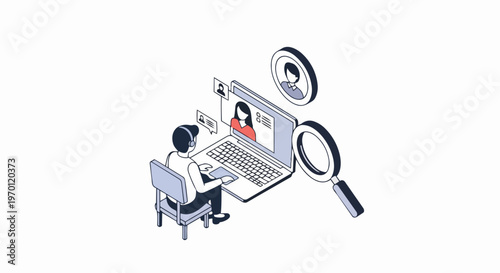 Isometric Vector Illustration of Online Recruitment and Human Resources Concept with Person Conducting Virtual Job Interview on Laptop and Searching for Talent