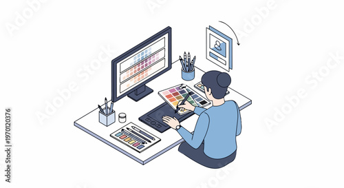 Female Graphic Designer Working at Creative Desk with Graphics Tablet and Monitor, Isometric Illustration of Digital Artist Workspace
