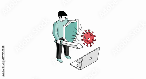 Isometric Cybersecurity Concept: Digital Warrior Defending Laptop from Virus Monster