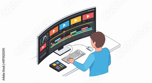 Video Editor Working on Post-Production in a Modern Workspace Isometric Illustration