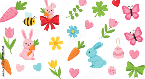 Cute Easter Bunny with Flowers Carrots Butterflies Hearts and Decorative Elements Colorful Spring Illustration Collection Set for Holiday Design