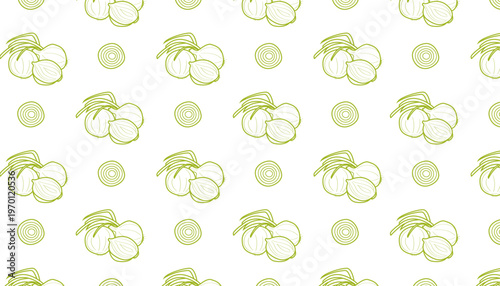 Seamless pattern with hand drawn onion composition and slices minimal line art illustration