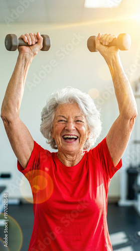 Joyful elderly woman lifting dumbbells in a bright gym setting, wearing a red shirt, with sunlight streaming through the window, creating a lively atmosphere