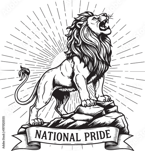 Majestic lion symbolizing national pride with radiant background hand drawing illustration vector