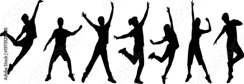 Group of people jumping silhouettes in energetic poses, happy dancers celebrating movement, dynamic human figures vector illustration isolated on white background