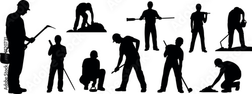 Set of construction worker silhouettes in various poses using tools, digging, measuring, and working, industrial labor vector illustration isolated on white background