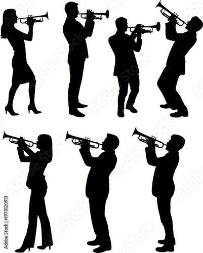 Silhouette of trumpet players performing music, jazz band musicians isolated on white background, live concert and entertainment concept