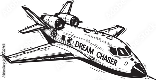 Vintage sketch of a futuristic dream chaser space plane in flight hand drawing illustration vector