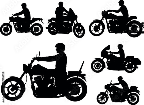 Silhouette set of motorcyclists riding different bikes, biker riders isolated on white background, transportation and adventure lifestyle concept
