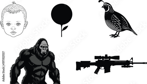 Mixed black silhouette set with baby face, plant icon, quail bird, gorilla animal and assault rifle weapon vector illustration