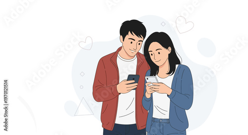 Young Couple Using Smartphones Together, Connected by Technology and Love