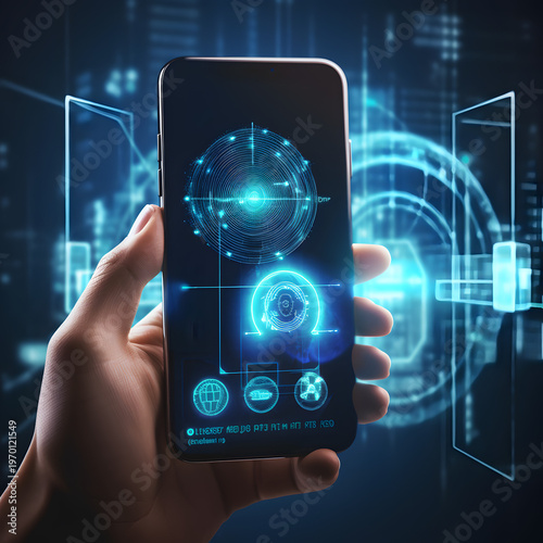 Hand holding smartphone with futuristic interface and glowing blue circuits on screen in dark background