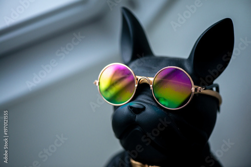 Stylish black dog figurine wearing round mirrored sunglasses