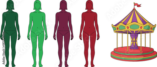 Female body silhouette color variations with amusement park carousel ride colorful vector illustration set