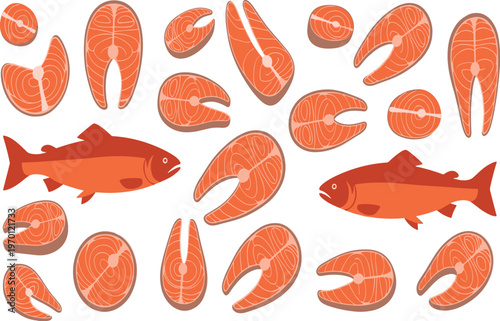 Salmon fillets and whole salmon fish on white background for seafood or restaurant concepts