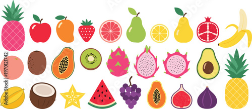 Colorful Fruits Collection Vector Set with Pineapple, Apple, Banana, Kiwi, Pomegranate, Papaya, Watermelon, and More, Fresh Organic Food Illustration