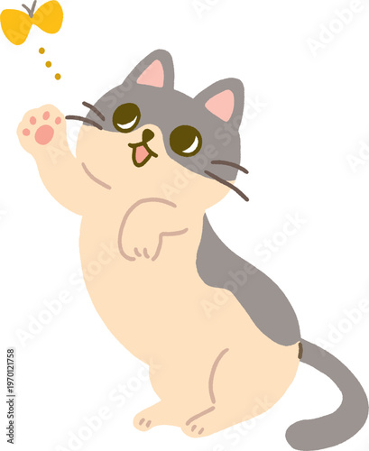 蝶を追いかけて遊ぶハチワレ猫のかわいいベクターイラスト