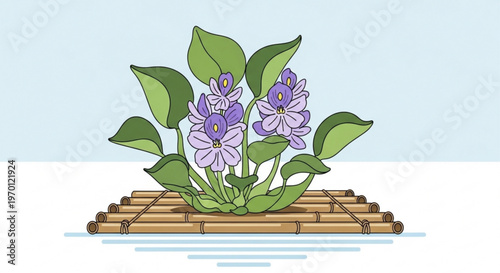 Purple flowers growing on a bamboo raft floating on water with green leaves and light blue background