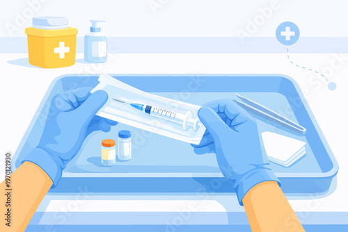 Hands in medical gloves preparing syringe on treatment tray  