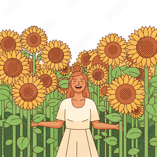 A joyful woman stands in a field of tall sunflowers, arms outstretched in happiness.