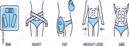 Weight loss fitness infographic icons showing BMI scale waist measurement body fat reduction and abs workout vector illustration set