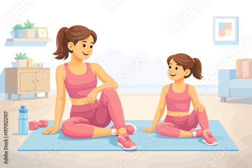 Mother and daughter exercising together on yoga mats indoors  