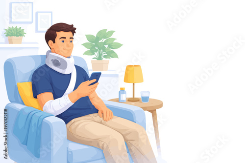Young man resting in armchair with arm in sling using smartphone  