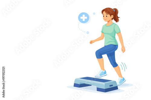 Young woman exercising on step platform in fitness training session  
