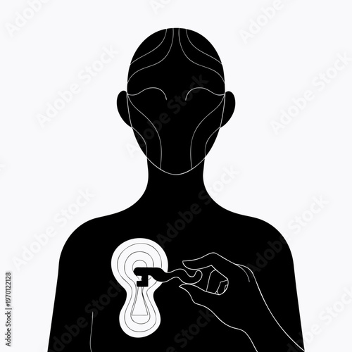Minimalist silhouette of a person Unlocking their own chest with a key. isolated on White Background