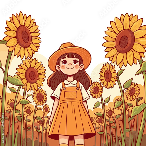 A cheerful cartoon girl in an orange hat and overalls smiles brightly amidst a vibrant field of tall, blooming sunflowers under a warm sky.
