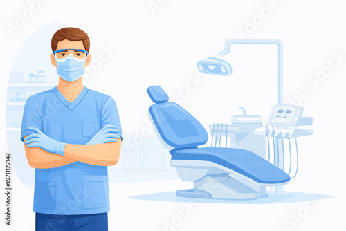 Dentist in scrubs with arms crossed in dental clinic interior  