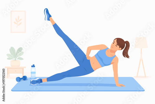 Young woman exercising with leg lift on mat in home fitness space  