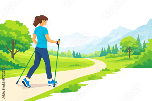 Woman hiking on a trail in nature with mountains and trees  